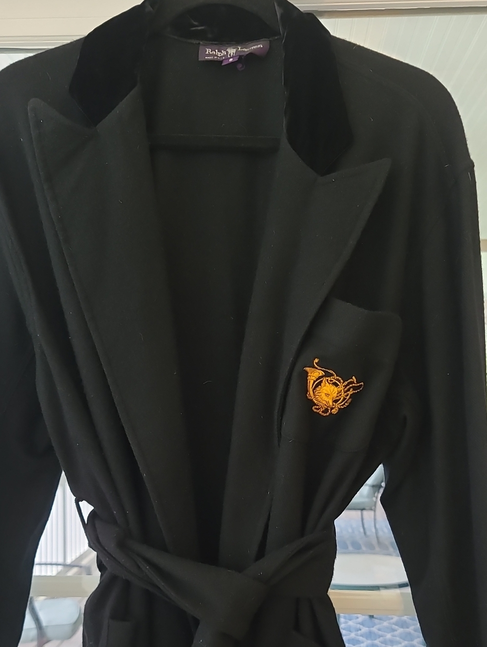 Ralph Lauren Black Cashmere Robe with Velvet Collar & Gold Crest